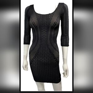 Bebe Lace Crochet Overlay Black Nude Bodycon Mini Dress Party Cocktail Club P/S